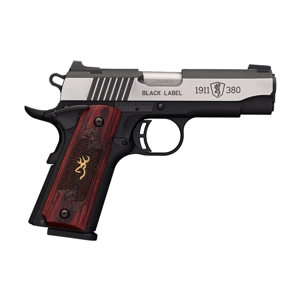browning 051913492 1911 380 black label medallion pro compact 380 acp 8+1, 3.63″ target crown steel barrel, blackened w/silver polished flats serrated ss slide, matte black polymer frame w/beavertail Browning 051913492 1911-380 Black Label Medallion Pro Compact 380 ACP 8+1, 3.63" Target Crown Sports South item 23088