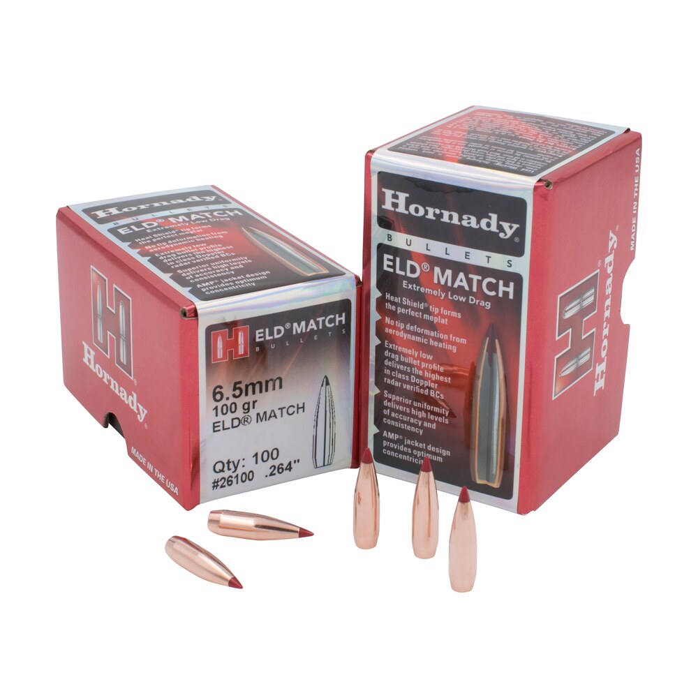 hornady 26100 eld match 6.5mm .264 100 gr extremely low drag match 100 per box/ 25 case Hornady 26100 ELD Match 6.5mm .264 100 gr Extremely Low Drag Match 100 Per Box/ 25 Case Sports South item 23097