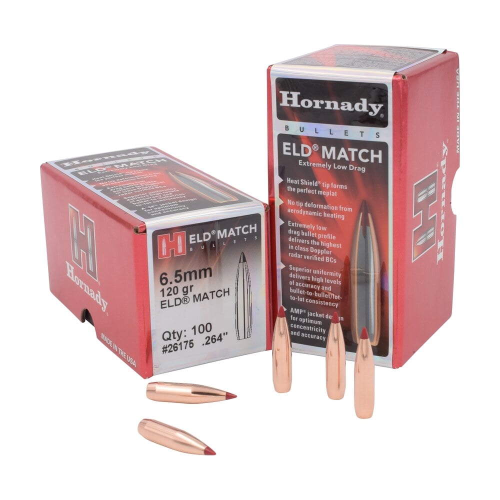 hornady 26175 eld match 6.5mm .264 120 gr extremely low drag match 100 per box/ 25 case Hornady 26175 ELD Match 6.5mm .264 120 gr Extremely Low Drag Match 100 Per Box/ 25 Case Sports South item 23098