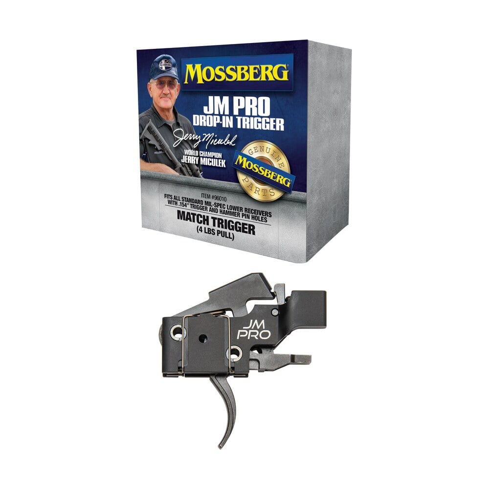mossberg 96010 jm pro adjustable match ar drop in trigger, fits ar15s & ar10s w/.154″ trigger & hammer pin holes, factory set 4 pound pull weight Mossberg 96010 JM Pro Adjustable Match AR Drop-In Trigger, Sports South item 23576