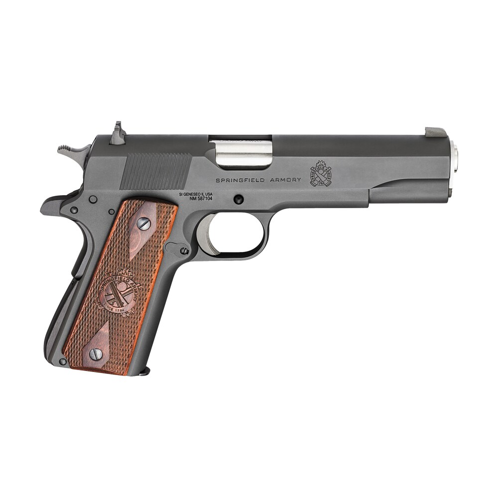 springfield armory pb9108lca 1911 mil spec *ca compliant 45 acp 5″ 7+1 black parkerized frame black parkerized carbon steel with rear serrations slide crossed cannon cocobolo grip Springfield Armory PB9108LCA 1911 Mil-Spec *CA Compliant 45 ACP 5" 7+1 Black Parkerized Frame Sports South item 24313
