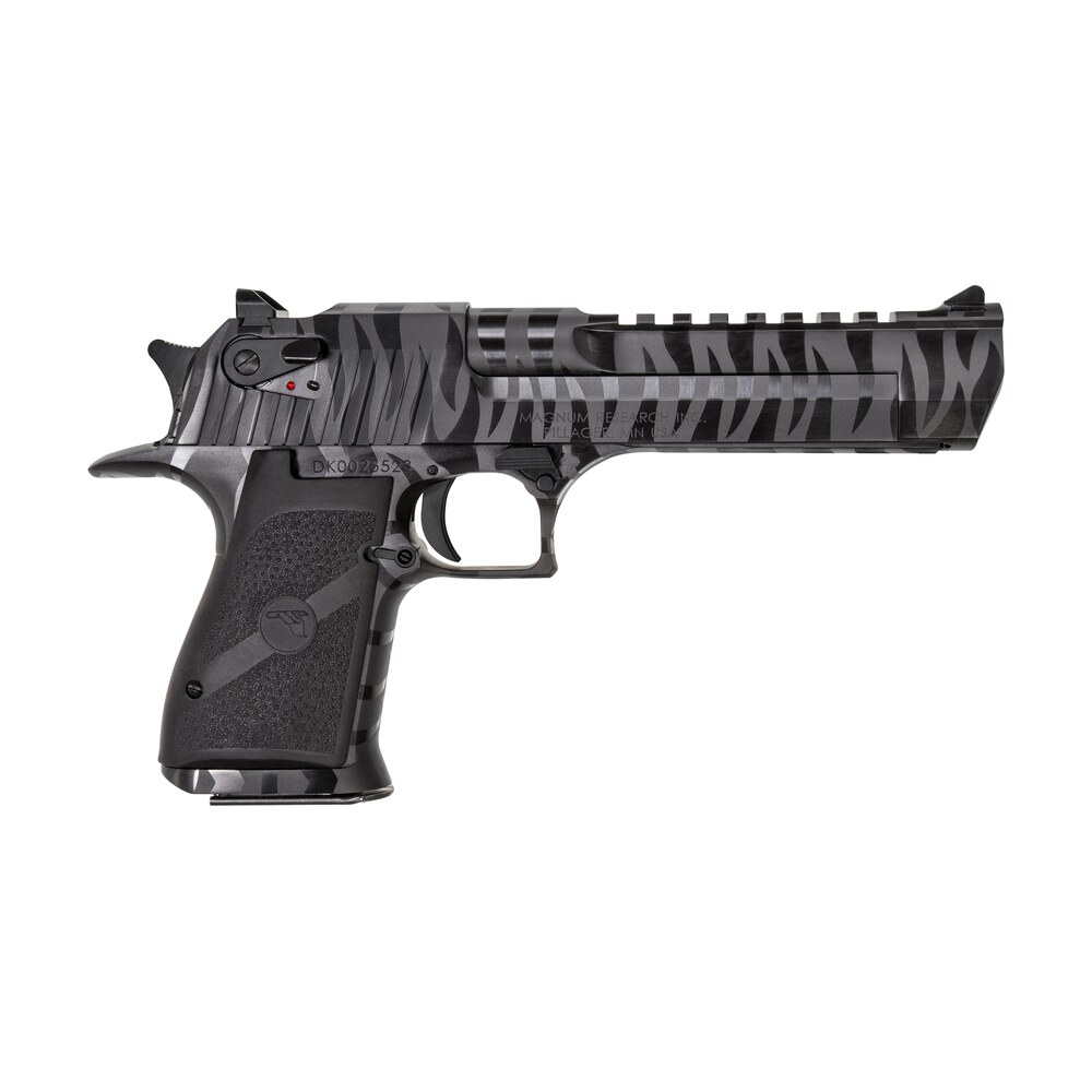 magnum research de50bts desert eagle mark xix 50 ae 6″ 7+1 black carbon steel with tiger stripes frame & slide black polymer grip Magnum Research DE50BTS Desert Eagle Mark XIX 50 AE 6" 7+1 Black Carbon Steel Sports South item 24755