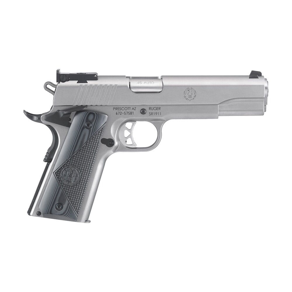 ruger 6736 sr1911 target 45 acp 8+1 5″ stainless steel barrel, low glare serrated stainless steel slide, stainless steel frame w/beavertail, deluxe checkered g10 grip, right hand Ruger 6736 SR1911 Target 45 ACP 8+1 5" Stainless Steel Sports South item 24865