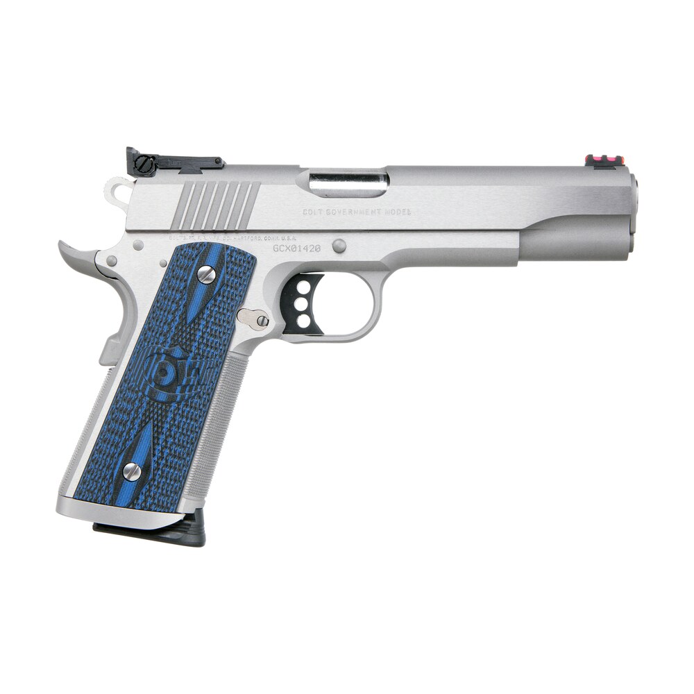 colt mfg o5072xe gold cup trophy 9mm luger 9+1 5″ steel barrel, stainless steel serrated slide & frame w/beavertail, competition blue g10 grips, ambidextrous Colt Mfg O5072XE Gold Cup Trophy 9mm Luger 9+1 5" Steel Sports South item 25040