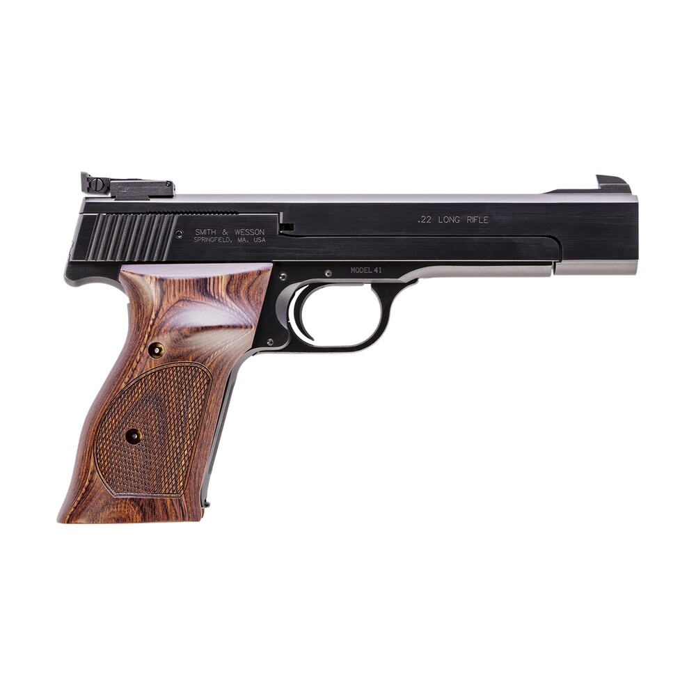 smith & wesson 130511 41 full size frame 22 lr 10+1, 5.50″ blued button rifled steel barrel, serrated slide & frame, checkered wood target grip Smith & Wesson 130511 41 Full Size Frame 22 LR 10+1, 5.50" Blued Button Rifled Steel Sports South item 26193