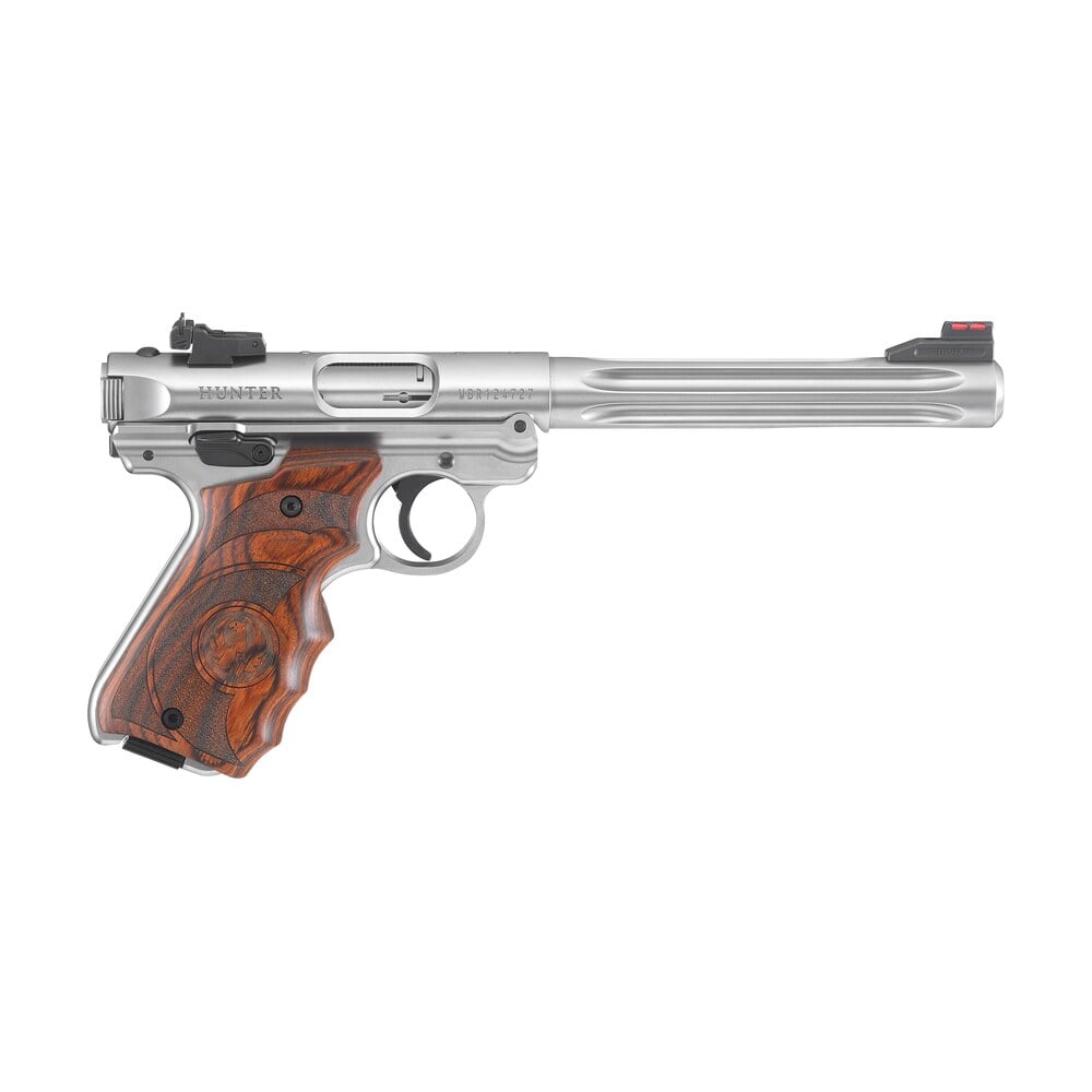 ruger 40160 mark iv hunter 22 lr 10+1 6.88″ satin stainless fluted bull barrel, satin stainless steel frame, drilled & tapped receiver, target laminate w/finger groove grip, right hand Ruger 40160 Mark IV Hunter 22 LR 10+1 6.88" Satin Stainless Fluted Bull Sports South item 27156