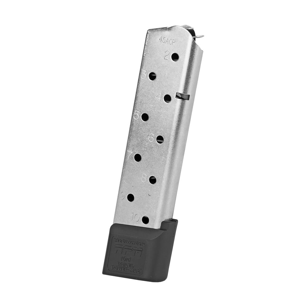 cmc products 17150 power mag railed 10rd 45 acp fits 1911 government stainless steel w/ black base pad CMC Products 17150 Power Mag Railed 10rd 45 ACP Sports South item 27322