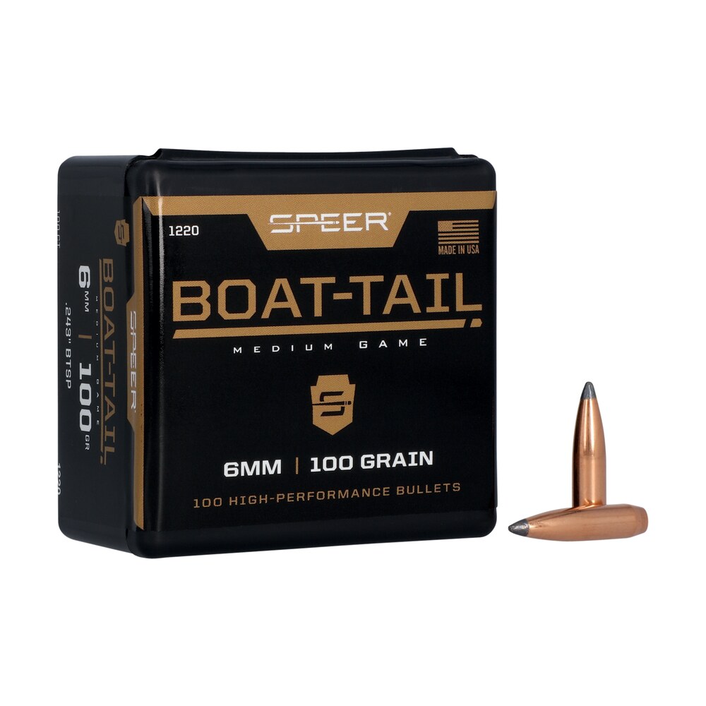 speer 1220 boat tail 6mm 100gr jacketed soft point boat tail 100 per box/5 case Speer 1220 Boat-Tail 6mm 100gr Jacketed Soft Point Boat Tail 100 Per Box/5 Case Sports South item 29018