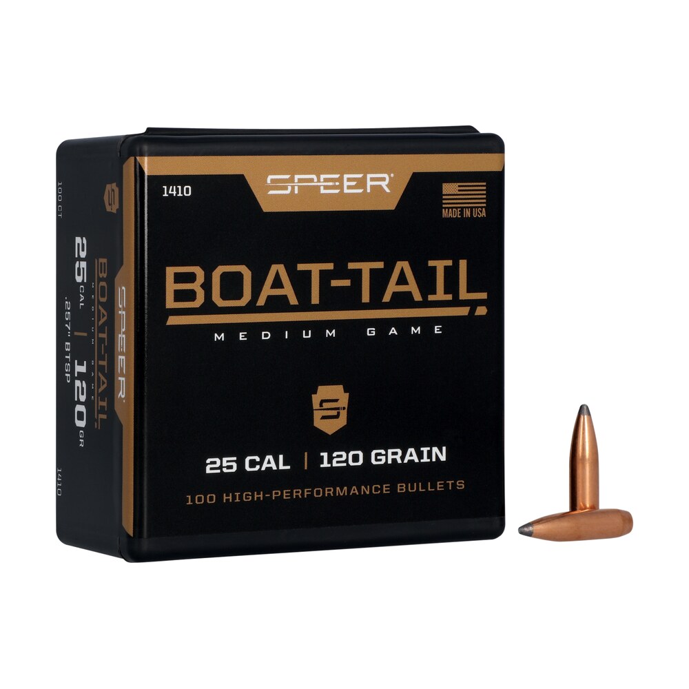 speer 1410 boat tail 25cal 120gr jacketed soft point boat tail 100 per box/5 case Speer 1410 Boat-Tail 25Cal 120gr Jacketed Soft Point Boat Tail 100 Per Box/5 Case Sports South item 29027