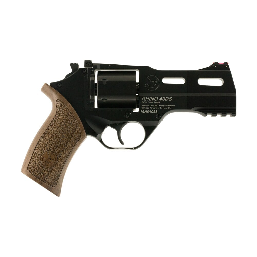 chiappa firearms 340165 rhino 40ds medium frame 9mm luger 6 shot 4″ black anodized steel vent rib barrel, blued steel cylinder, black anodized aluminum frame, walnut grip, concealed hammer Chiappa Firearms 340165 Rhino 40DS Medium Frame 9mm Luger 6 Shot 4" Black Anodized Steel Vent Sports South item 29851