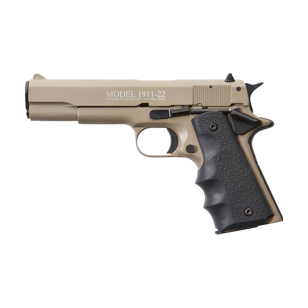 chiappa firearms 401120 1911 22 22 lr 10+1, 5″ black steel barrel, tan serrated slide, tan aluminum frame w/beavertail, black hogue rubber finger grooved grip, manual thumb safety, right hand Chiappa Firearms 401120 1911-22 22 LR 10+1, 5" Black Steel Sports South item 29858