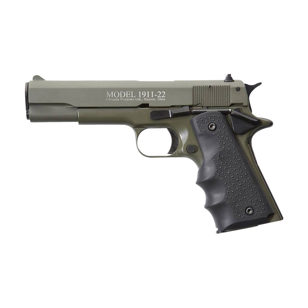 chiappa firearms 401121 1911 22 22 lr 10+1 5″ od green serrated steel slide & beavertail frame, black hogue rubber w/finger grooves grip Chiappa Firearms 401121 1911-22 22 LR 10+1 5" OD Green Serrated Steel Slide & Beavertail Sports South item 29859