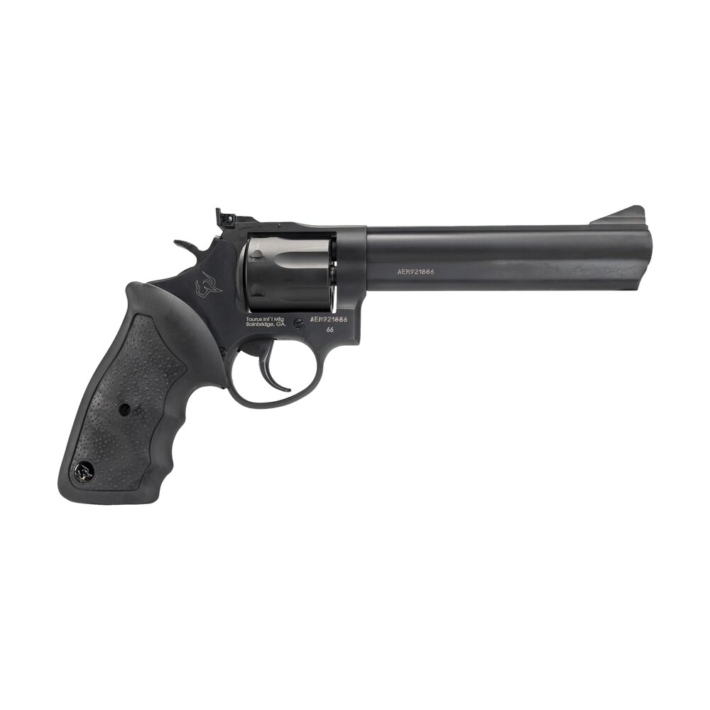 taurus 2 660061 66 medium 357 mag/38 special +p 7 shot 6″ matte black oxide alloy steel barrel, cylinder & frame, black finger grooved rubber grip, transfer bar safety, exposed hammer Taurus 2-660061 66 Medium 357 Mag/38 Special +P 7 Shot 6" Matte Black Oxide Alloy Steel Sports South item 31301