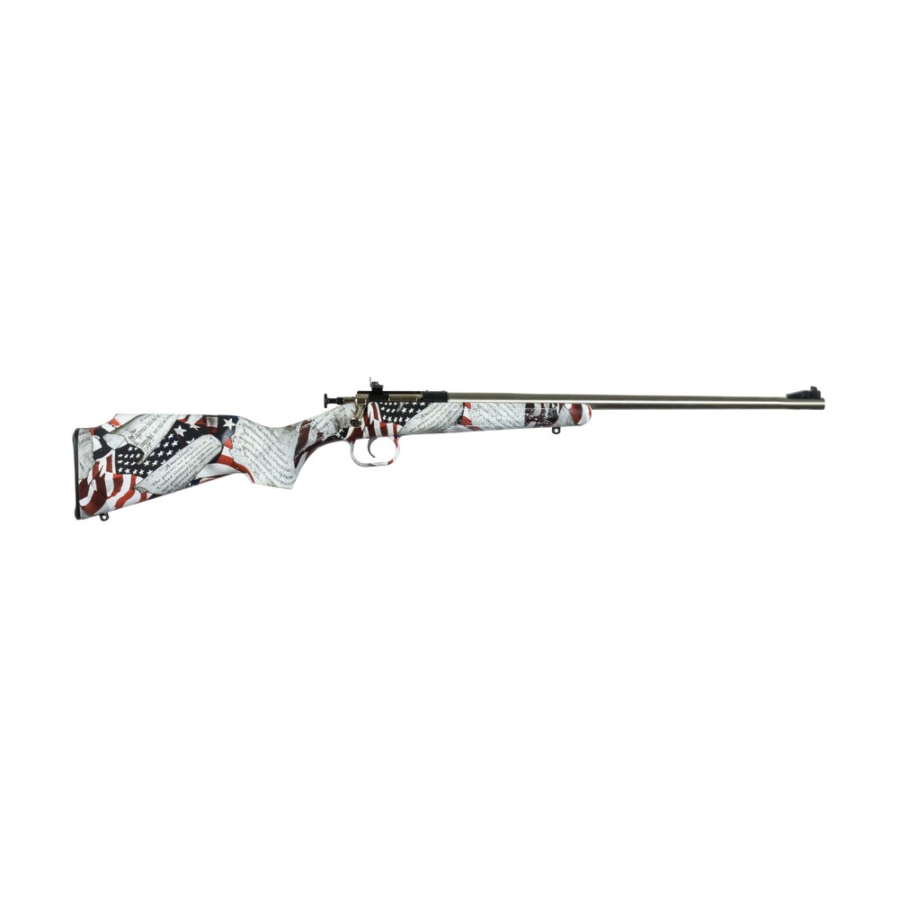 crickett ksa3168 youth 22 lr 1rd 16.12″ stainless steel barrel, fixed front/adjustable rear peep sights, american flag/amendment synthetic stock w/11.5″ lop, rebounding firing pin safety Crickett KSA3168 Youth 22 LR 1rd 16.12" Stainless Steel Sports South item 32328