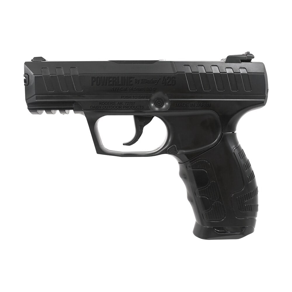daisy 426 powerline air pistol co2 177 semi automatic 15 shot built in bb magazine, smooth bore steel barrel, blade front/fixed open rear sights, molded black grip Daisy 426 Powerline Air Pistol CO2 177 Semi-Automatic 15 Shot Built-In BB Magazine, Smooth Bore Sports South item 33478