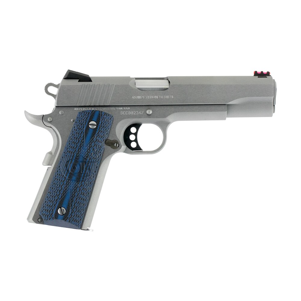colt mfg o1070ccs competition government 45 acp 8+1 5″ stainless national match barrel, serrated slide & frame w/beavertail, checkered blue g10 grip, ambidextrous Colt Mfg O1070CCS Competition Government 45 ACP 8+1 5" Stainless National Match Sports South item 35126
