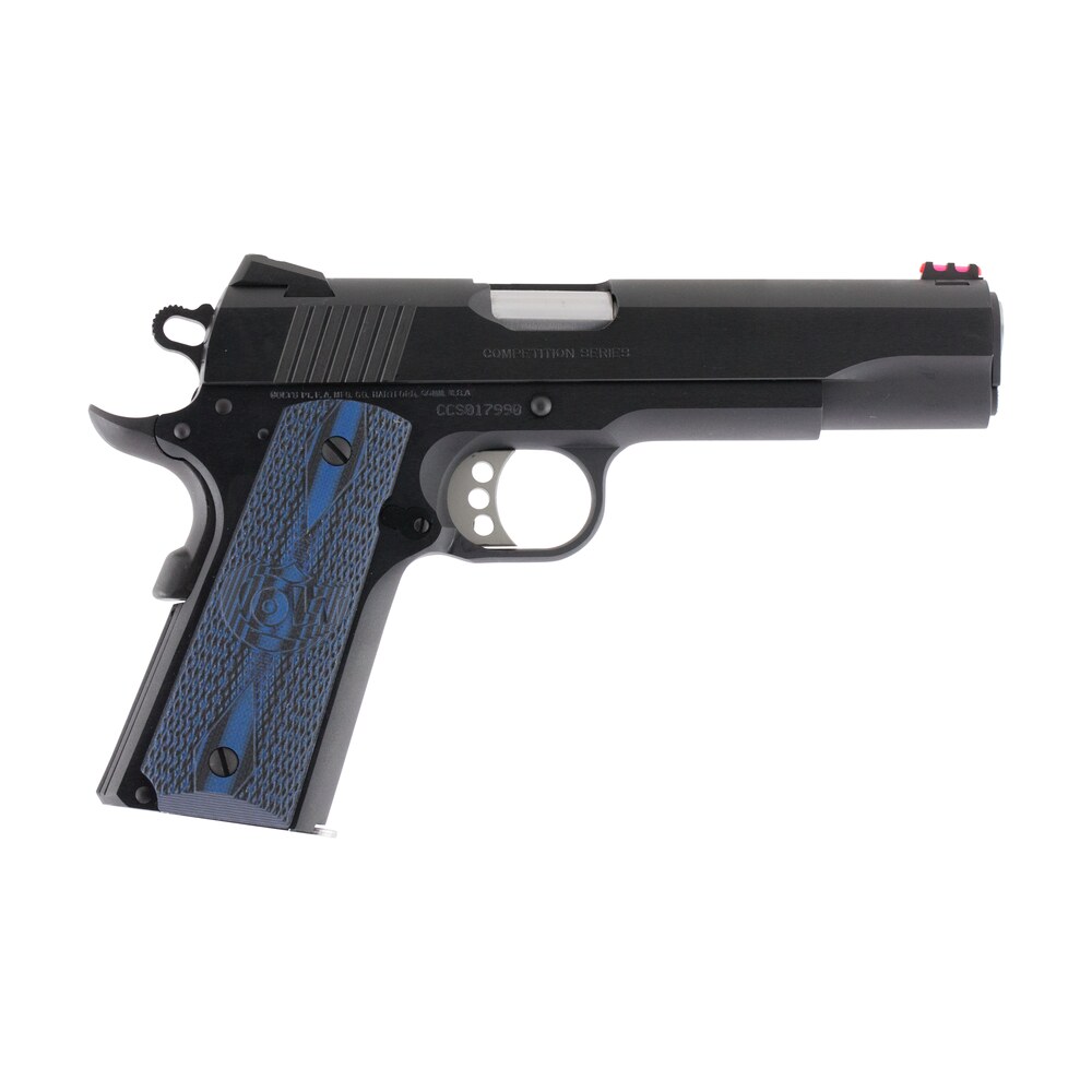 colt mfg o1970ccs competition government 45 acp 8+1 5″ stainless national match barrel, blued serrated carbon steel slide & frame w/beavertail, blue scalloped g10 grip, ambidextrous Colt Mfg O1970CCS Competition Government 45 ACP 8+1 5" Stainless National Match Sports South item 35129