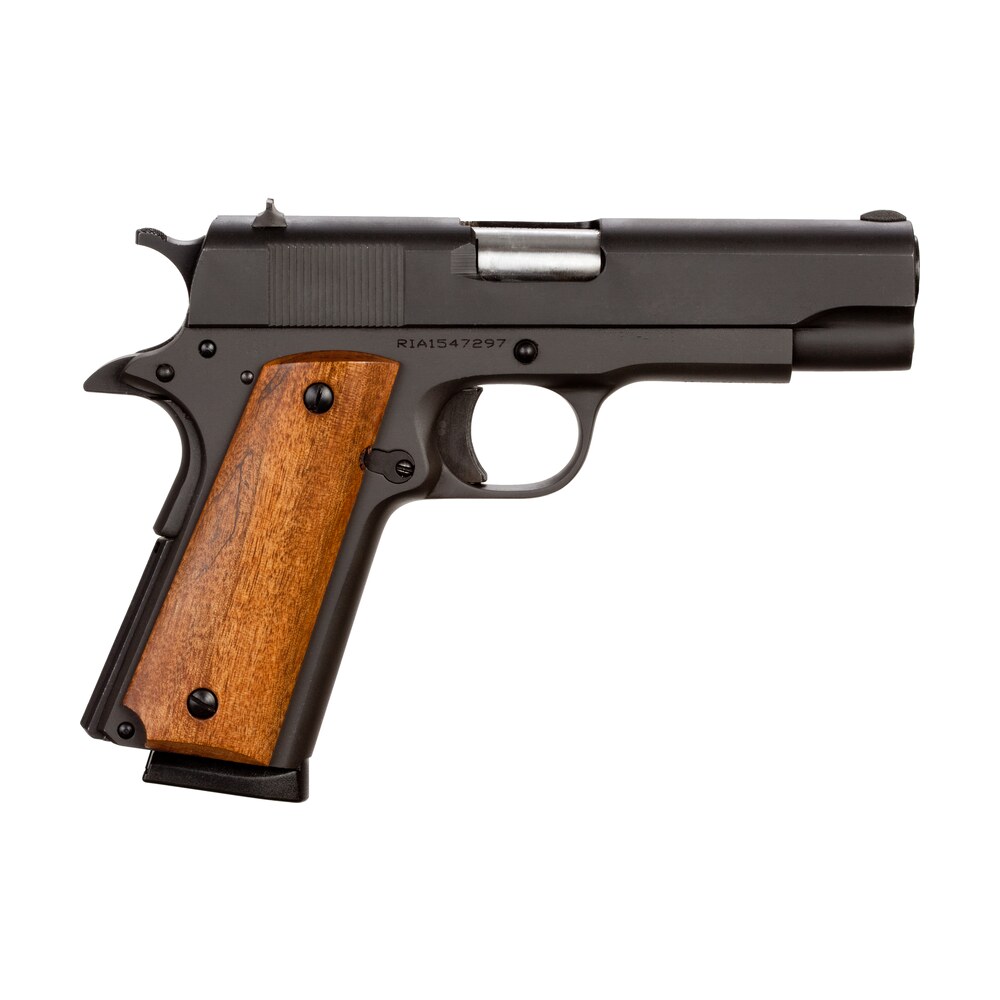 rock island 51417 gi standard ms *ca compliant 45 acp caliber with 4.20″ barrel, 8+1 capacity, overall black parkerized finish steel, beavertail frame, serrated slide & wood grip Rock Island 51417 GI Standard MS *CA Compliant 45 ACP Caliber Sports South item 35177