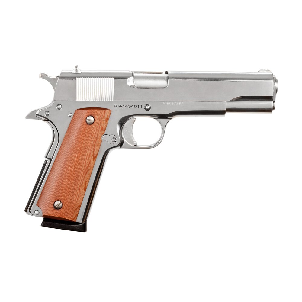 rock island 51433 gi standard fs 45 acp caliber with 5″ barrel, 8+1 capacity, overall polished nickel finish steel, beavertail frame, serrated slide & wood grip Rock Island 51433 GI Standard FS 45 ACP Caliber Sports South item 35182