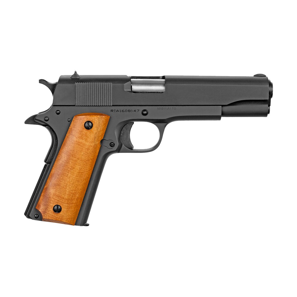 rock island 51815 gi standard fs *ca compliant 38 super caliber with 5″ barrel, 10+1 capacity, overall black parkerized finish steel beavertail frame, serrated slide & wood grip Rock Island 51815 GI Standard FS *CA Compliant 38 Super Caliber Sports South item 35187