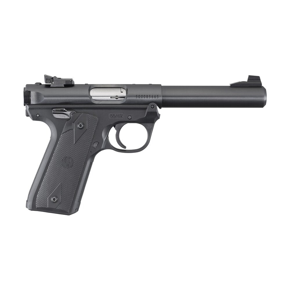 ruger 40107 mark iv 22/45 22 lr 10+1 5.50″ bull barrel, blued steel slide & frame, checkered 1911 style panel grip Ruger 40107 Mark IV 22/45 22 LR 10+1 5.50" Bull Sports South item 35395