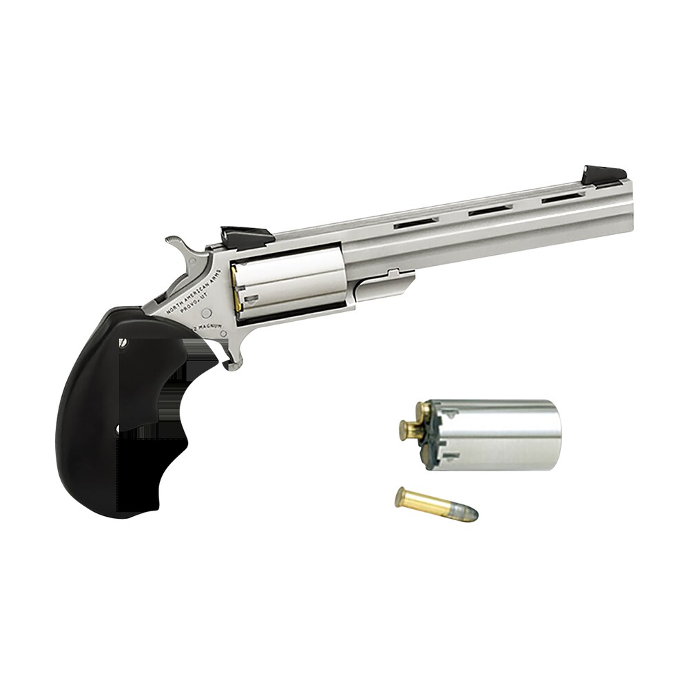 north american arms mmc mini master *ca compliant 22 lr 22 wmr 5 shot 4″ stainless vent rib barrel, stainless steel frame & cylinder, black finger grooved rubber grip, exposed hammer North American Arms MMC Mini-Master *CA Compliant 22 LR 22 WMR 5 Shot 4" Stainless Vent Rib Sports South item 36701