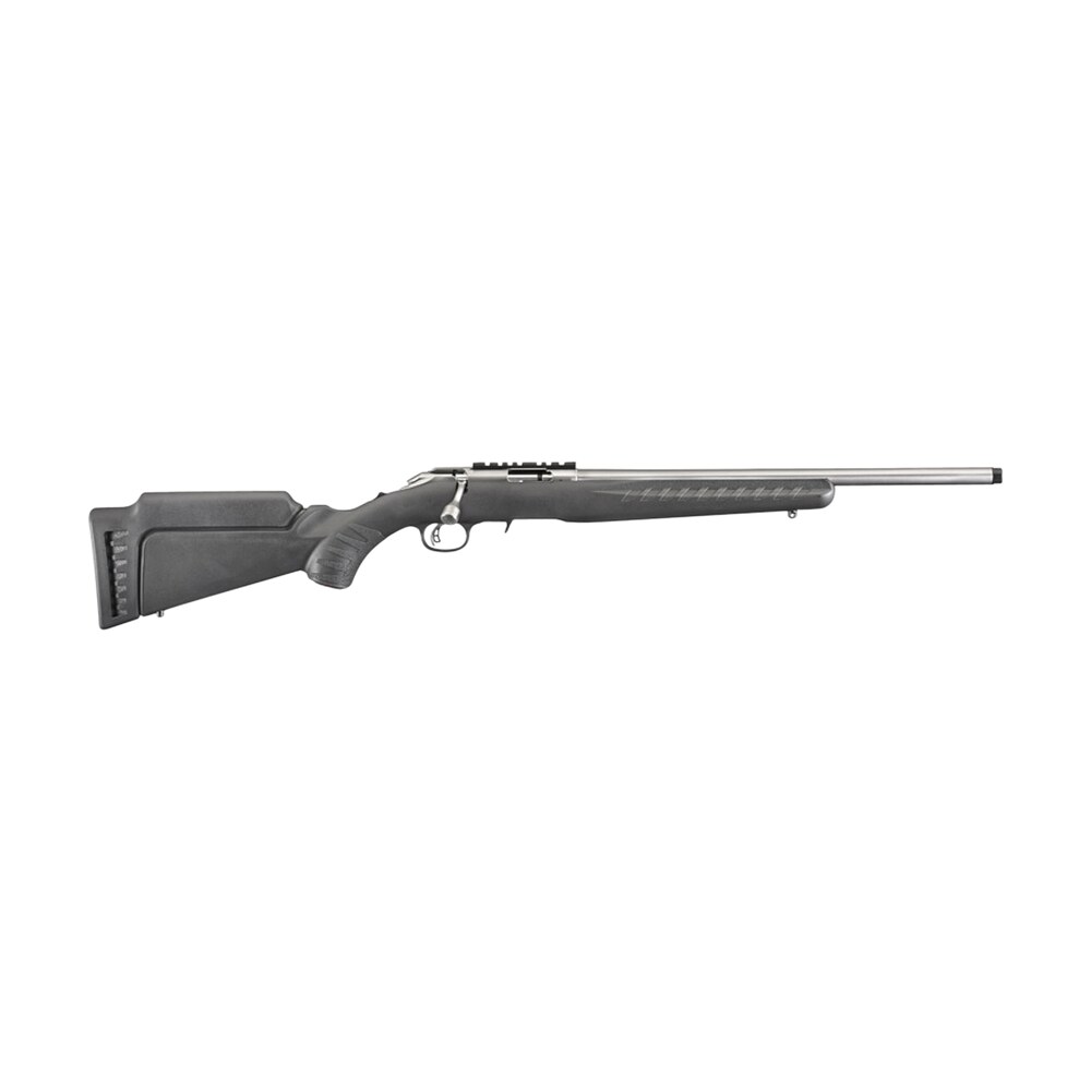 ruger 8353 american rimfire full size 17 hmr 9+1 18" satin stainless steel threaded barrel & receiver w/scope rail, black fixed synthetic stock, right hand Ruger 8353 American Rimfire Full Size 17 HMR 9+1 18" Satin Stainless Steel Threaded Barrel Sports South item 38217