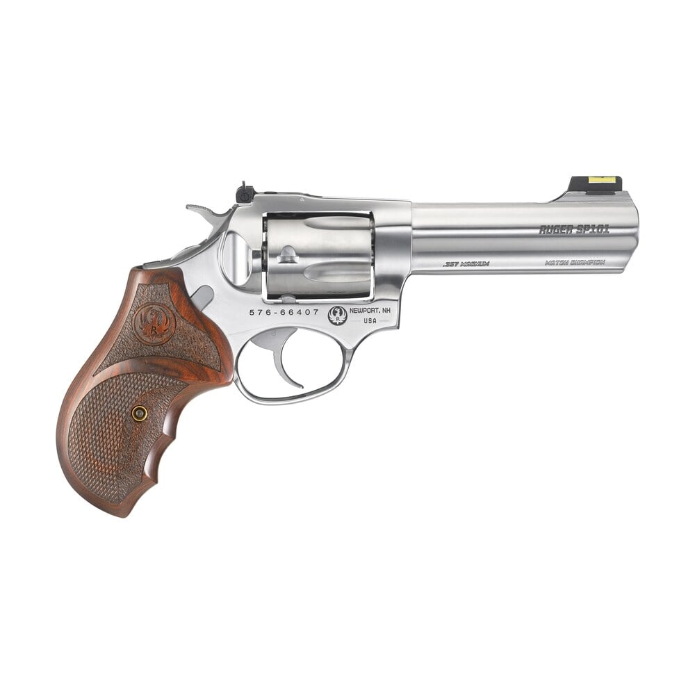 ruger 5782 sp101 match champion 357 mag 4.20" barrel 5rd triple locking cylinder, gloss stainless steel, altamont stippled/checkered hardwood grip, transfer bar safety Ruger 5782 SP101 Match Champion 357 Mag 4.20" Barrel 5rd Triple-Locking Cylinder, Gloss Sports South item 41054