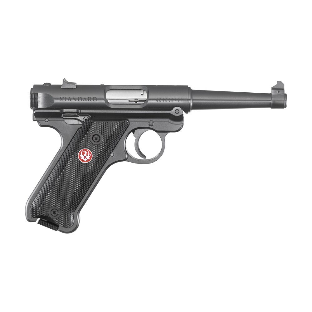 ruger 40104 mark iv 22 lr 10+1 4.75" satin stainless tapered barrel, blued steel slide & aluminum frame, checkered synthetic grip Ruger 40104 Mark IV 22 LR 10+1 4.75" Satin Stainless Tapered Sports South item 44361