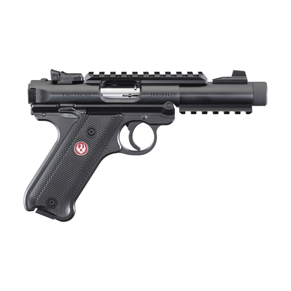 ruger 40150 mark iv tactical 22 lr caliber with 4.40" threaded/picatinny rail barrel, 10+1 capacity, overall blued metal finish, checkered black polymer grip & fixed sights Ruger 40150 Mark IV Tactical 22 LR Caliber Sports South item 44366