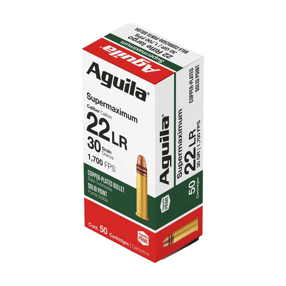 aguila 1b220298 supermaximum 22lr 30gr copper plated solid point 50 per box/20 case Aguila 1B220298 Supermaximum 22LR 30gr Copper Plated Solid Point 50 Per Box/20 Case Sports South item 44427