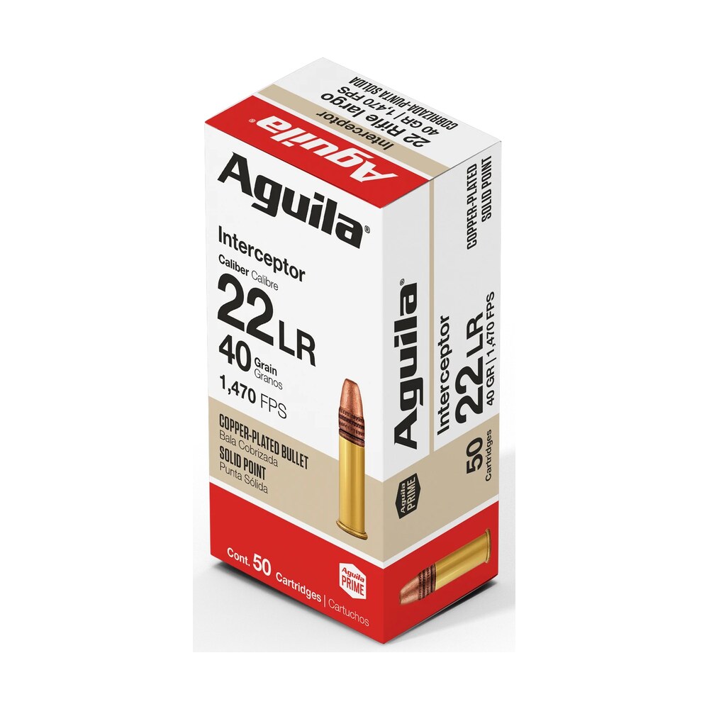 aguila 1b220320 interceptor 22lr 40gr copper plated solid point 50 per box/20 case Aguila 1B220320 Interceptor 22LR 40gr Copper Plated Solid Point 50 Per Box/20 Case Sports South item 44446