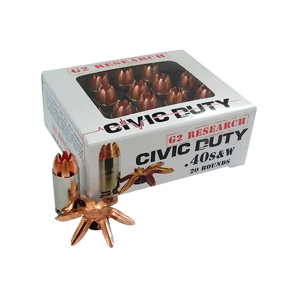g2 research g00620 civic duty 40s&w 122gr copper expansion projectile 20 per box/25 case G2 Research G00620 Civic Duty 40S&W 122gr Copper Expansion Projectile 20 Per Box/25 Case Sports South item 45720