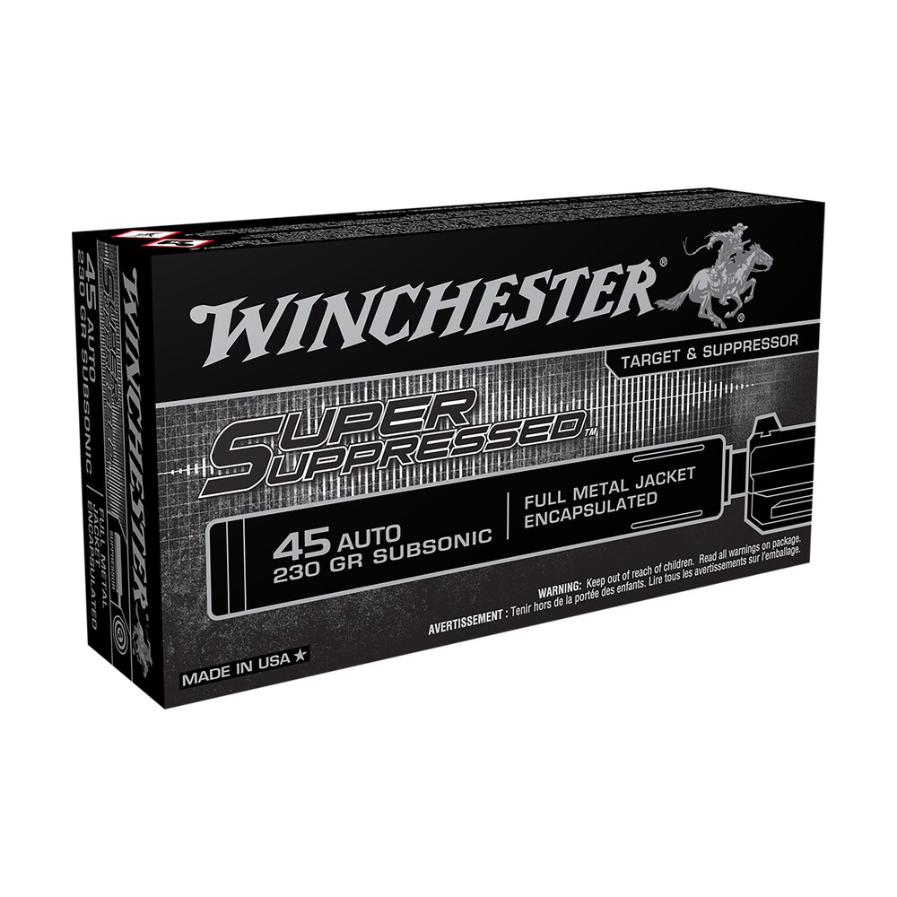 winchester ammo sup45 super suppressed 45acp subsonic 230gr encapsulated full metal jacket 50 per box/10 case Winchester Ammo SUP45 Super Suppressed 45ACP Subsonic 230gr Encapsulated Full Metal Jacket 50 Sports South item 46637