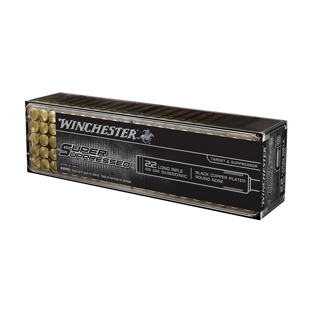 winchester ammo sup22lr super suppressed 22lr 45gr black copper plated round nose 100 per box/20 case Winchester Ammo SUP22LR Super Suppressed 22LR 45gr Black Copper Plated Round Nose 100 Per Sports South item 46658