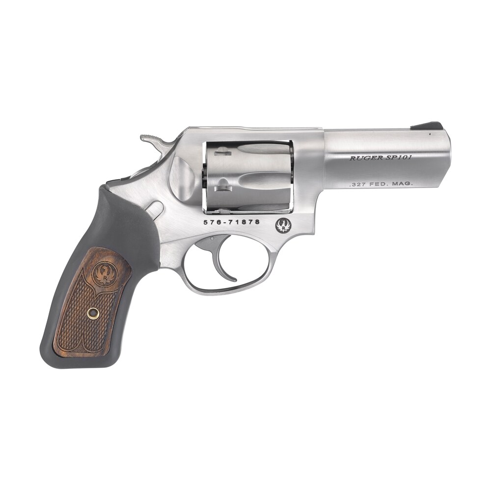 ruger 5784 sp101 327 federal mag 3" barrel 6rd triple locking cylinder, satin stainless steel, cushioned rubber with engraved wood insert grip, transfer bar safety Ruger 5784 SP101 327 Federal Mag 3" Barrel 6rd Triple-Locking Cylinder, Satin Stainless Steel, Sports South item 48935