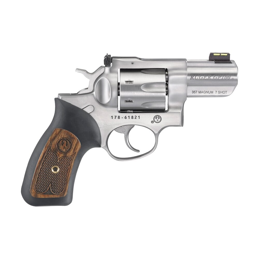 ruger 1774 gp100 small frame 357 mag 7 shot, 2.50" satin stainless steel barrel, satin stainless cylinder, satin stainless steel frame, black rubber w/wood insert grip, exposed hammer Ruger 1774 GP100 Small Frame 357 Mag 7 Shot, 2.50" Satin Stainless Steel Sports South item 48994