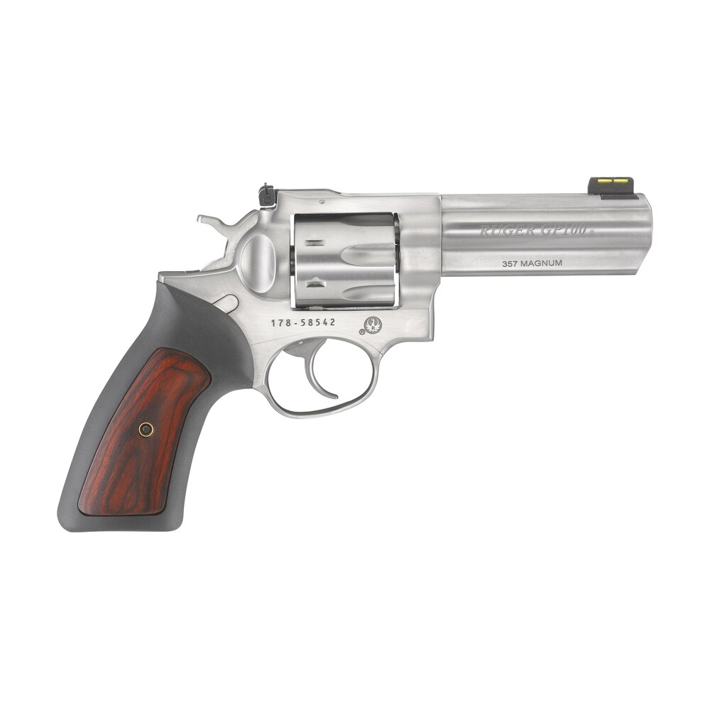 ruger 1771 gp100 357 mag 7 shot, 4.20" satin stainless steel barrel, satin stainless cylinder, satin stainless steel frame, black rubber w/wood insert grip, exposed hammer Ruger 1771 GP100 357 Mag 7 Shot, 4.20" Satin Stainless Steel Sports South item 48995