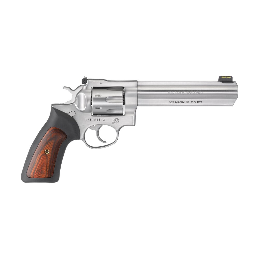 ruger 1773 gp100 357 mag 7 shot, 6" satin stainless steel barrel, satin stainless cylinder, satin stainless steel frame, black rubber w/wood insert grip, exposed hammer Ruger 1773 GP100 357 Mag 7 Shot, 6" Satin Stainless Steel Sports South item 48996