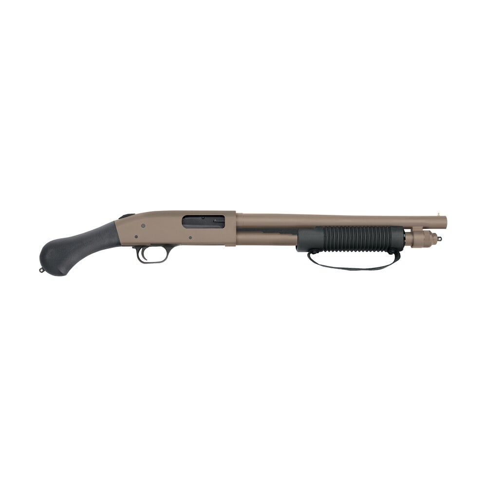 mossberg 50653 590 shockwave 12 gauge 5+1 3" 14.375" heavy barrel, flat dark earth cerakote, dual extractors, drilled & tapped receiver, corncob forend w/strap, raptor birdshead grip stock Mossberg 50653 590 Shockwave 12 Gauge 5+1 3" 14.375" Heavy Sports South item 49157