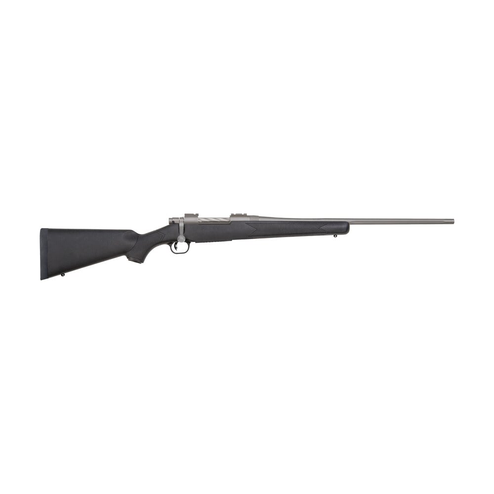 mossberg 28009 patriot full size 270 win 5+1 22" stainless cerakote fluted barrel, stainless cerakote receiver drilled & tapped, black fixed synthetic stock, right hand Mossberg 28009 Patriot Full Size 270 Win 5+1 22" Stainless Cerakote Fluted Sports South item 49282