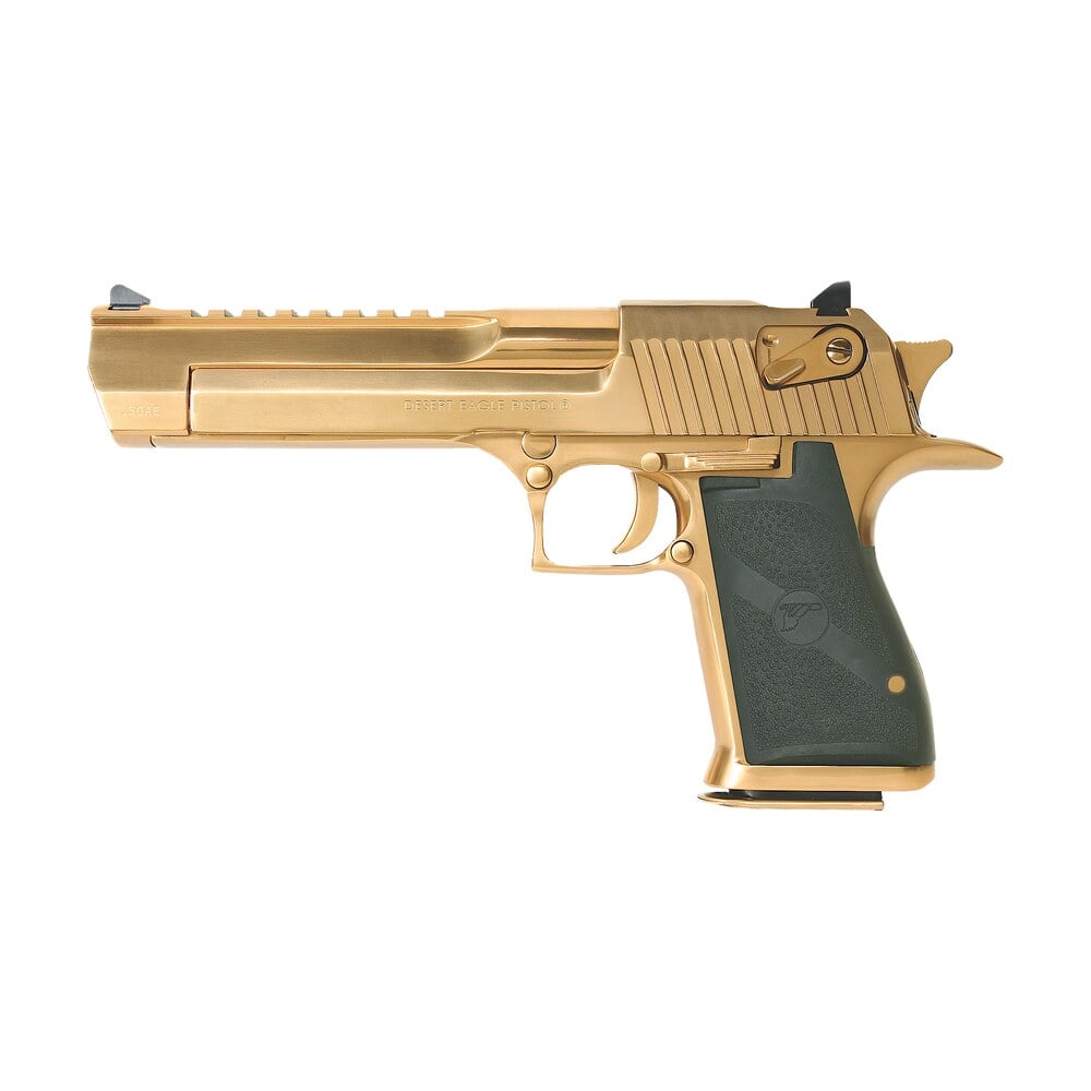 magnum research de50tg desert eagle mark xix 50 ae caliber with 6" picatinny rail barrel, 7+1 capacity, overall titanium gold finish carbon steel, beavertail frame, serrated slide & black rubber grip Magnum Research DE50TG Desert Eagle Mark XIX 50 AE Caliber Sports South item 49462