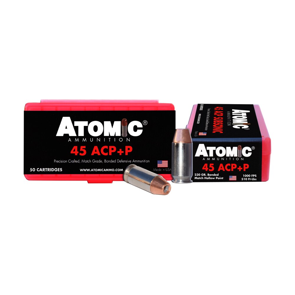 atomic ammunition 00433 pistol precision craft 45acp +p 230gr bonded match hollow point 50 per box/10 case Atomic Ammunition 00433 Pistol Precision Craft 45ACP +P 230gr Bonded Match Hollow Point 50 Per Sports South item 50439