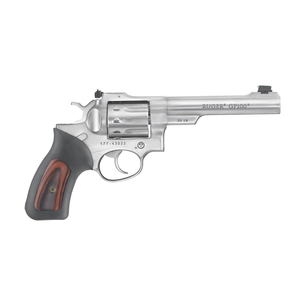 ruger 1757 gp100 medium frame 22 lr 10rd 5.50″ satin stainless barrel, frame & cylinder, black rubber w/wood insert grip, transfer bar safety, exposed hammer Ruger 1757 GP100 Medium Frame 22 LR 10rd 5.50" Satin Stainless Sports South item 5099