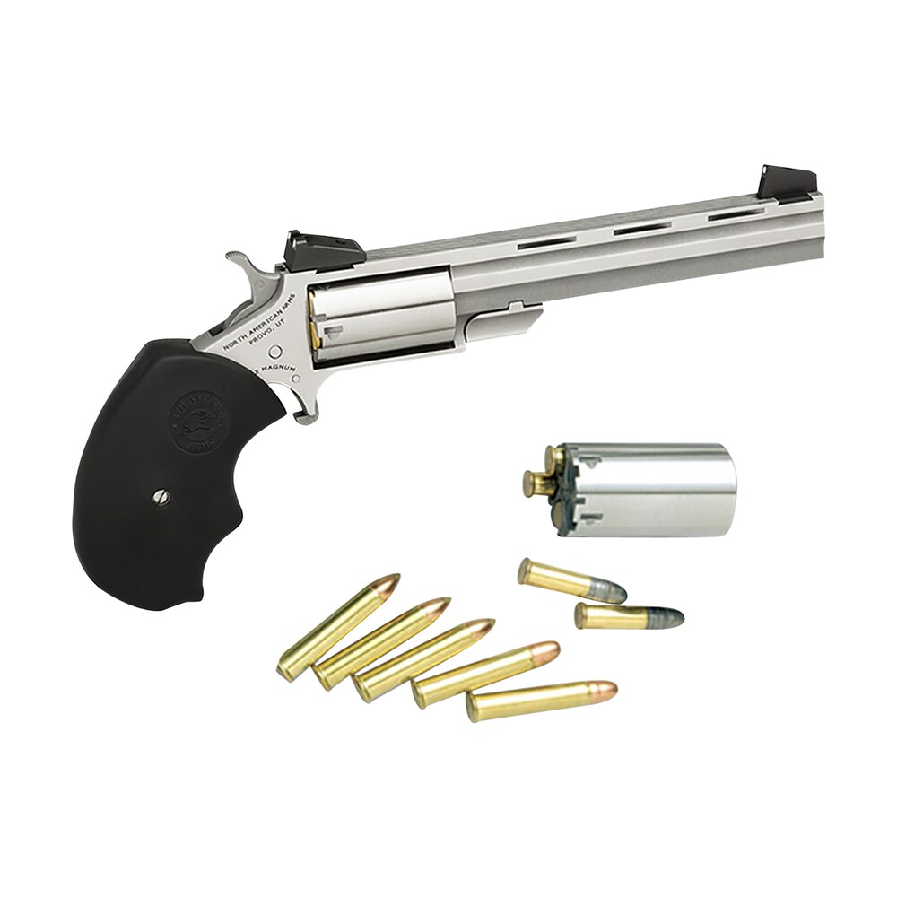 north american arms mmtc mini master *ca compliant 22 lr/22 wmr 5 shot 4" stainless steel vent rib barrel, stainless steel frame, stainless cylinder, black finger grooved rubber grip, exposed hammer North American Arms MMTC Mini-Master *CA Compliant 22 LR/22 WMR 5 Shot 4" Stainless Steel Vent Sports South item 51208
