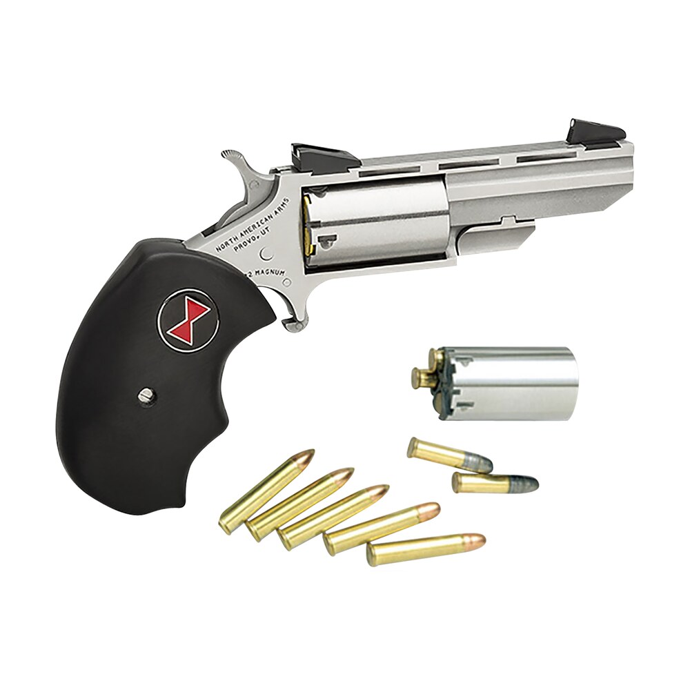 north american arms bwc black widow 22 lr/22 wmr 5 shot 2" stainless steel vent rib barrel, stainless steel frame, stainless cylinder, black finger grooved rubber grip, exposed hammer North American Arms BWC Black Widow 22 LR/22 WMR 5 Shot 2" Stainless Steel Vent Rib Sports South item 51213
