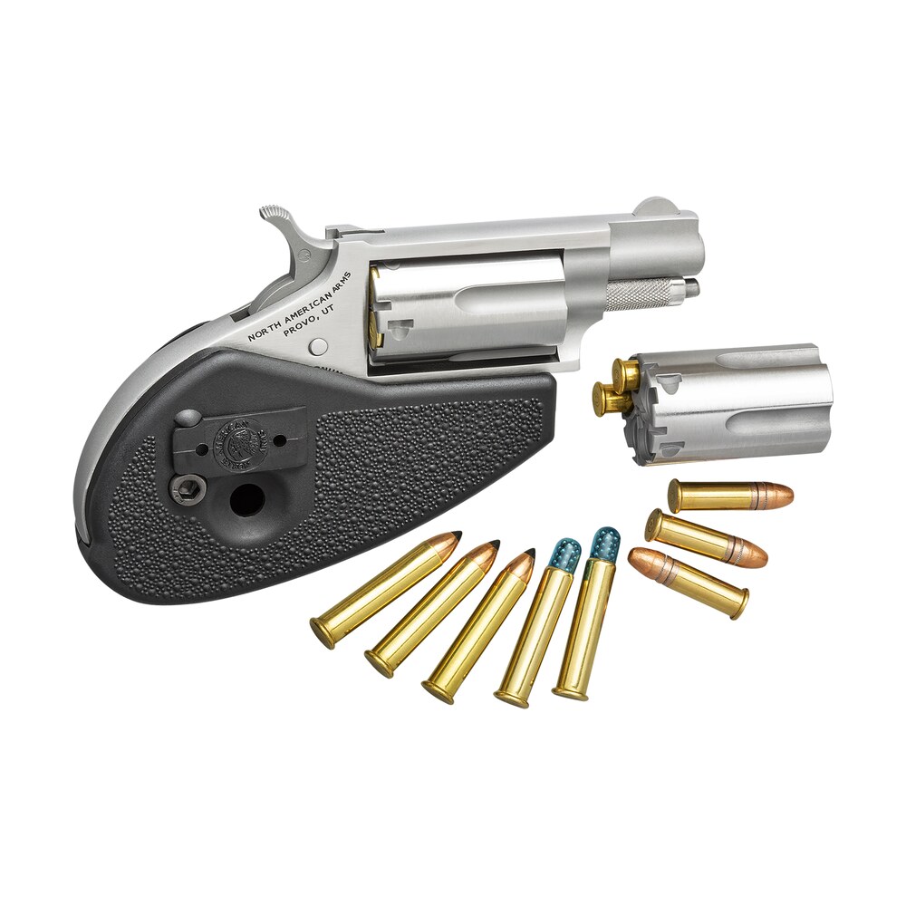 north american arms 22mschg mini revolver 22 lr/22 wmr 5 shot 1.13" stainless steel barrel, frame & cylinder, black synthetic holster grip, exposed hammer North American Arms 22MSCHG Mini-Revolver 22 LR/22 WMR 5 Shot 1.13" Stainless Steel Sports South item 51230