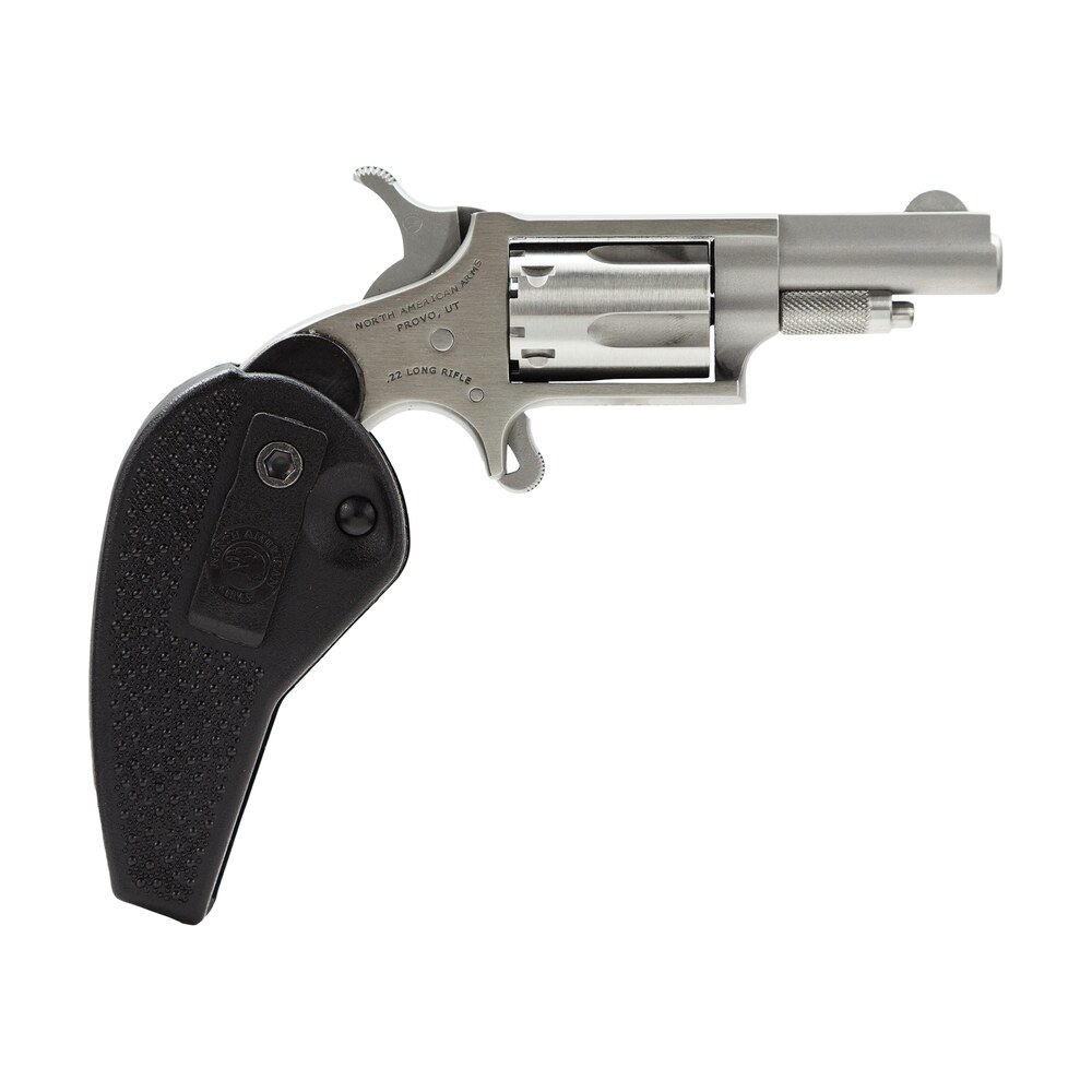 north american arms 22llrhg mini revolver 22 lr 5 shot 1.63" barrel, overall stainless steel finish, black synthetic holster grip North American Arms 22LLRHG Mini-Revolver 22 LR 5 Shot 1.63" Sports South item 51232
