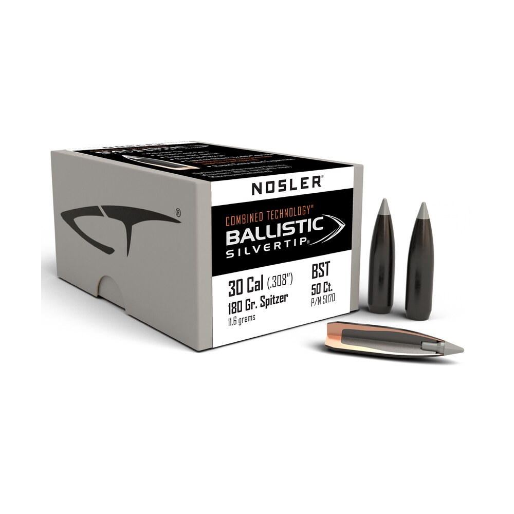 nosler 51170 ballistic silvertip 30cal 180gr spitzer point 50/box Nosler 51170 Ballistic Silvertip 30Cal 180gr Spitzer Point 50/Box Sports South item 51479