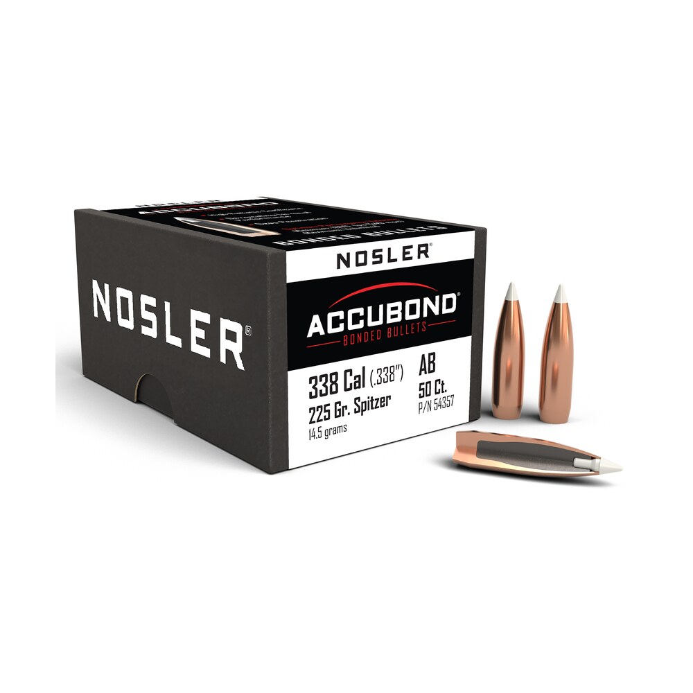 nosler 54357 accubond 338cal 225gr spitzer point 50/box Nosler 54357 AccuBond 338Cal 225gr Spitzer Point 50/Box Sports South item 51526